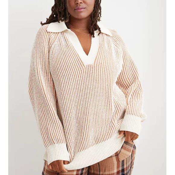Aerie Striped Knit Collared Sweater Oversized Pullover Tan Long Sleeve Small - Picture 11 of 11